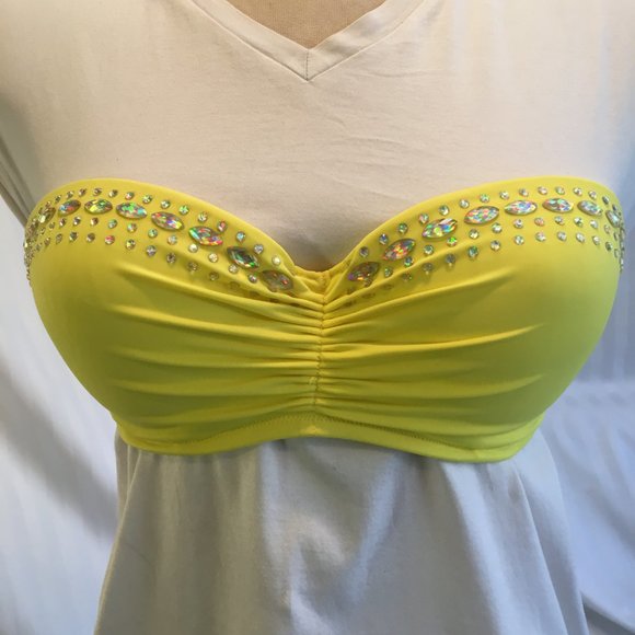 Victorias Secret Bikini Top Padded Push Up Underwire 34D Yellow Jewel Rhinestone - Picture 5 of 13